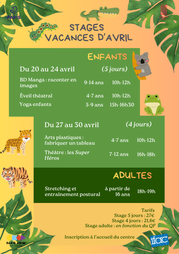 Le programme des stages des vacances d&rsquo;avril 2026